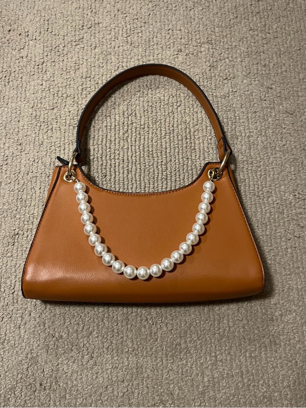 Elegant Brown Pearl-Accent Vegan Leather Shoulder Bag